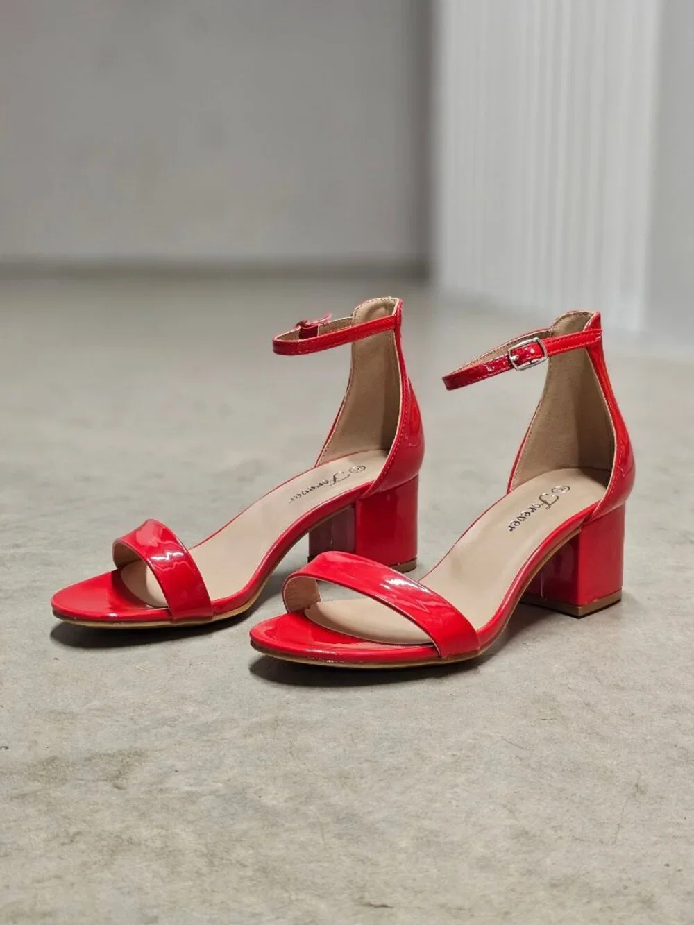 Red Patent Block Heel Sandals With Ankle Strap - Womens Dress Shoes - Picture 3 of 12